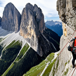 **A dramatic Via Ferrata scene in the Dolomites, Italy.** Focus on a climber secured to the mountain with a Via Ferrata set, with stunning views of the surrounding peaks and valleys. Capture the feeling of adventure and exposure.