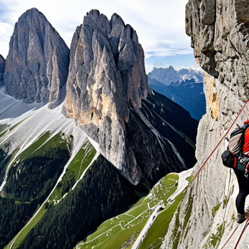 Home 11 **A dramatic Via Ferrata scene in the Dolomites, Italy.** Focus on a climber secured to the mountain with a Via Ferrata set, with stunning views of the surrounding peaks and valleys. Capture the feeling of adventure and exposure.