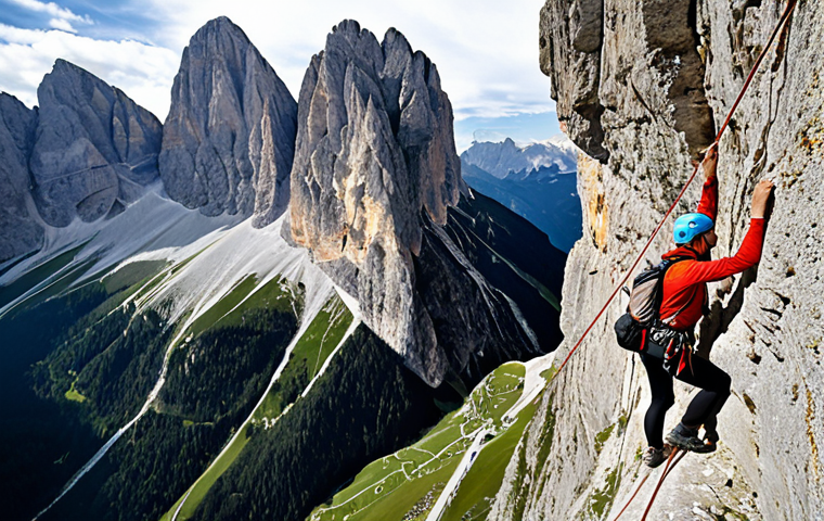 **A dramatic Via Ferrata scene in the Dolomites, Italy.** Focus on a climber secured to the mountain with a Via Ferrata set, with stunning views of the surrounding peaks and valleys. Capture the feeling of adventure and exposure.